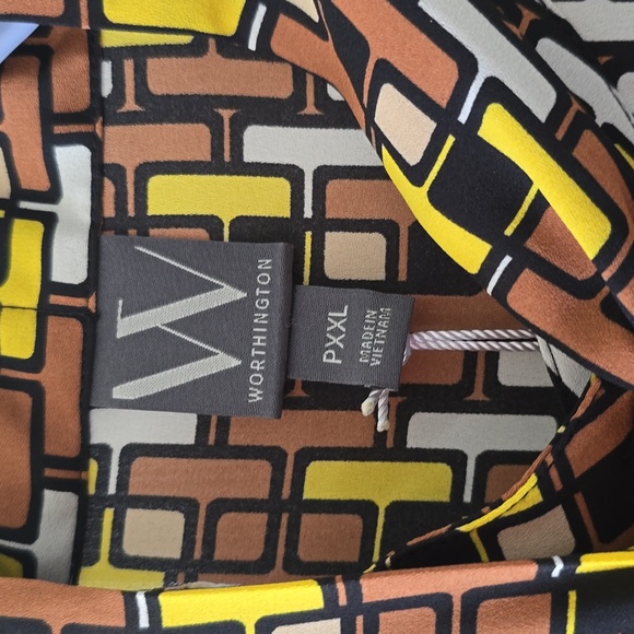 WORTHINGTON WOMENS PETITE PLUS BROWN & YELLOW SYMMETRICAL BLOUSE SIZE PXXL - Picture 5 of 16